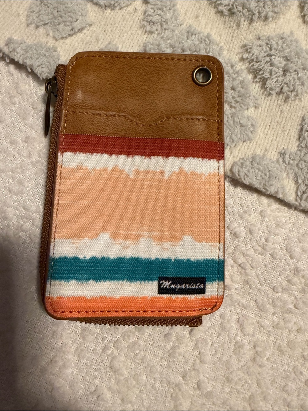 Brown and Coral Stripe Canvas Card Wallet with Zip